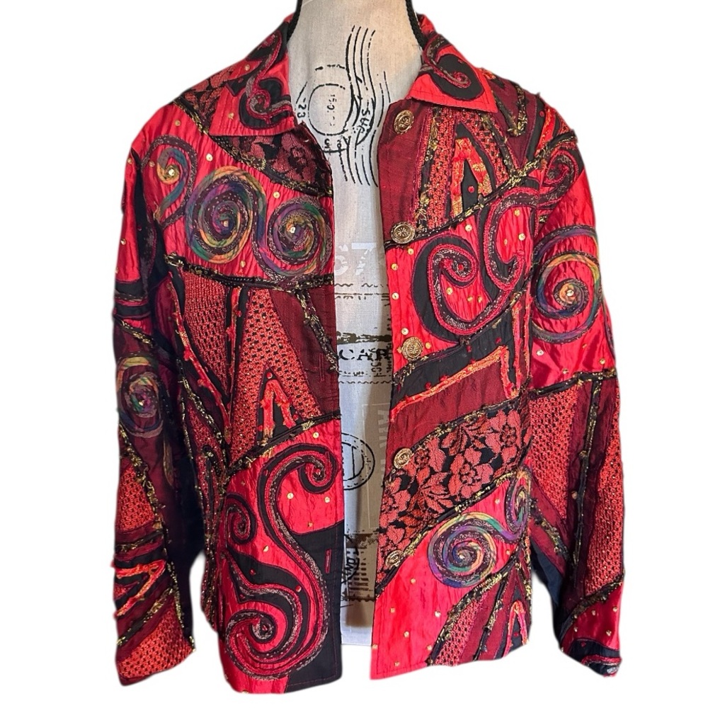 Vintage Y2K Sandy Starkman Silk Blend Patchwork Jacket Boho Art To Wear Lace L